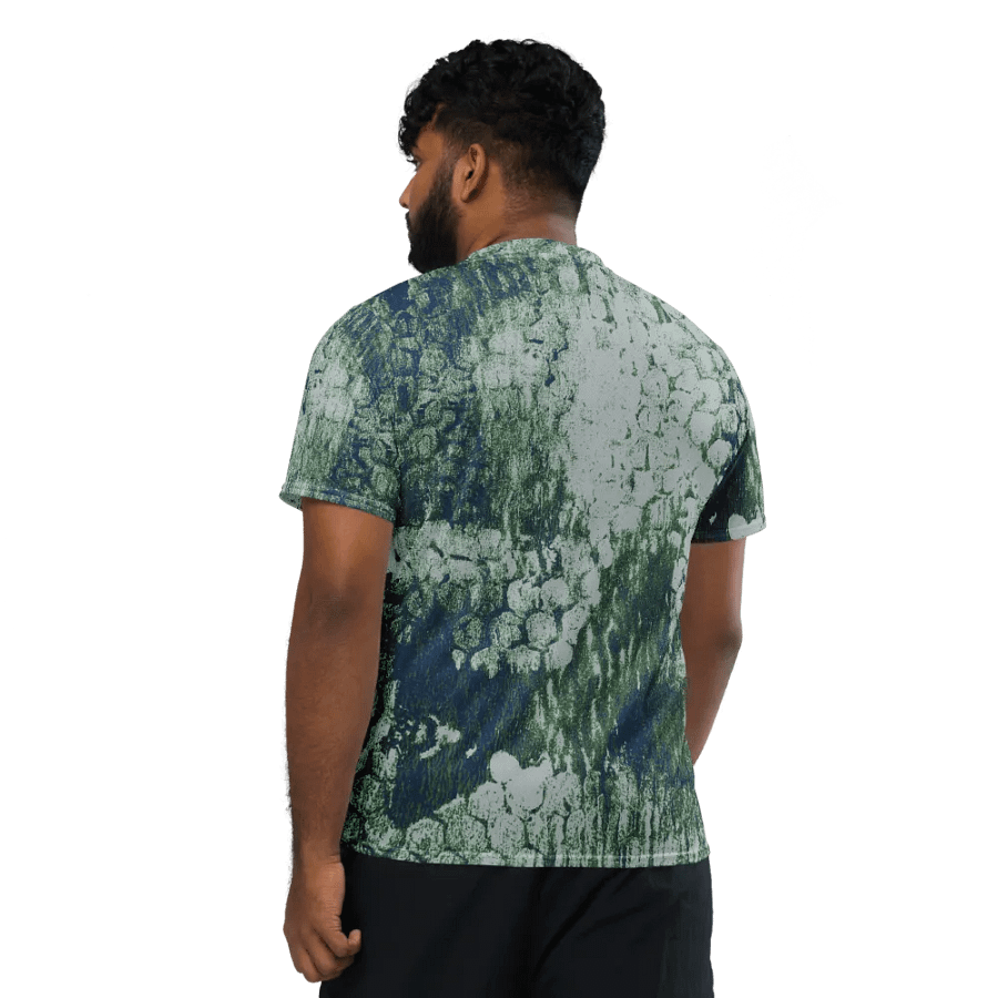 Honeycomb Grunge Unisex T-shirt in Mossy Green and Deep Blue on Bright Sand product image (3)