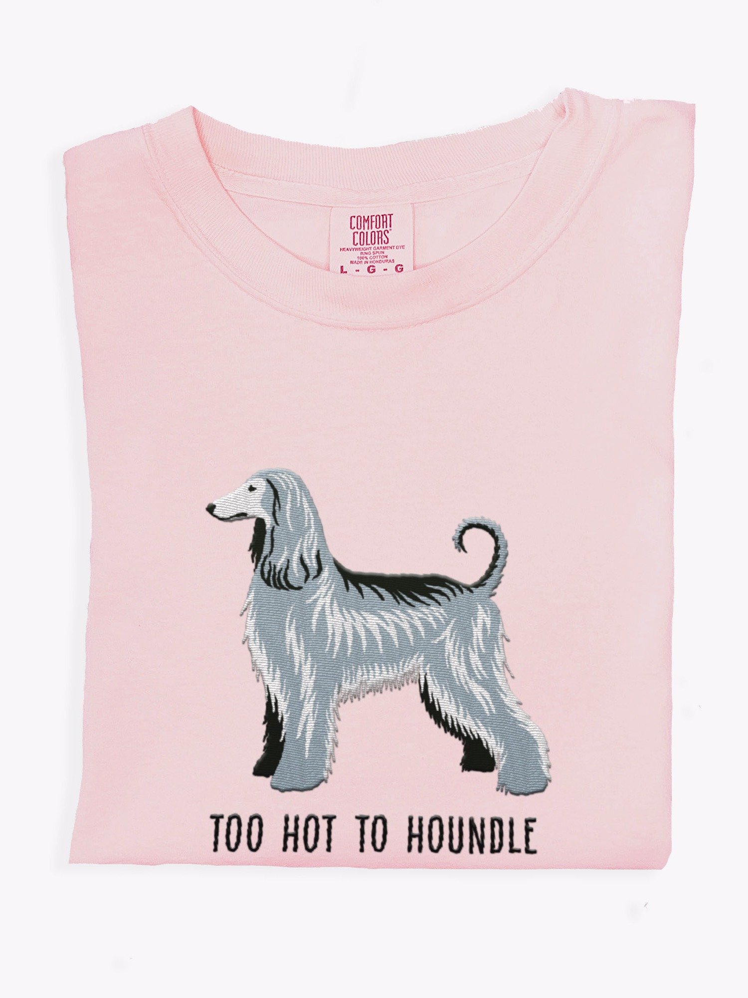 Too Hot To Houndle T-Shirt(Embroidered) of an Afghan Hound(Gray/Blue) product image (1)