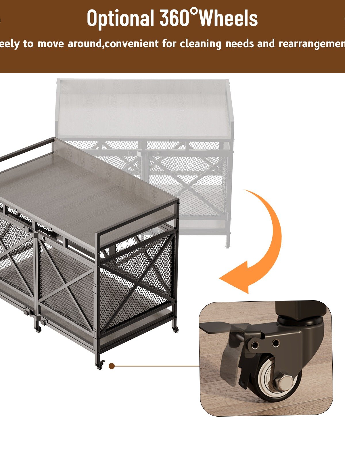 48 inch Dog Crate Furniture for Large Breeds (Up to 90 lb), Wooden & Steel, 360° Casters, Waterproof Top, Steel Lock,Textured Gray product image (6)