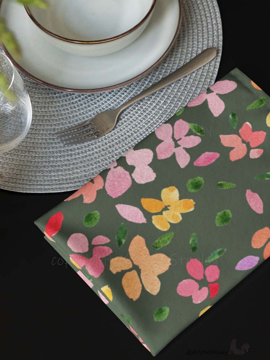 Spring Flowers on Olive Green Cloth Napkin Set of 4 product image (9)