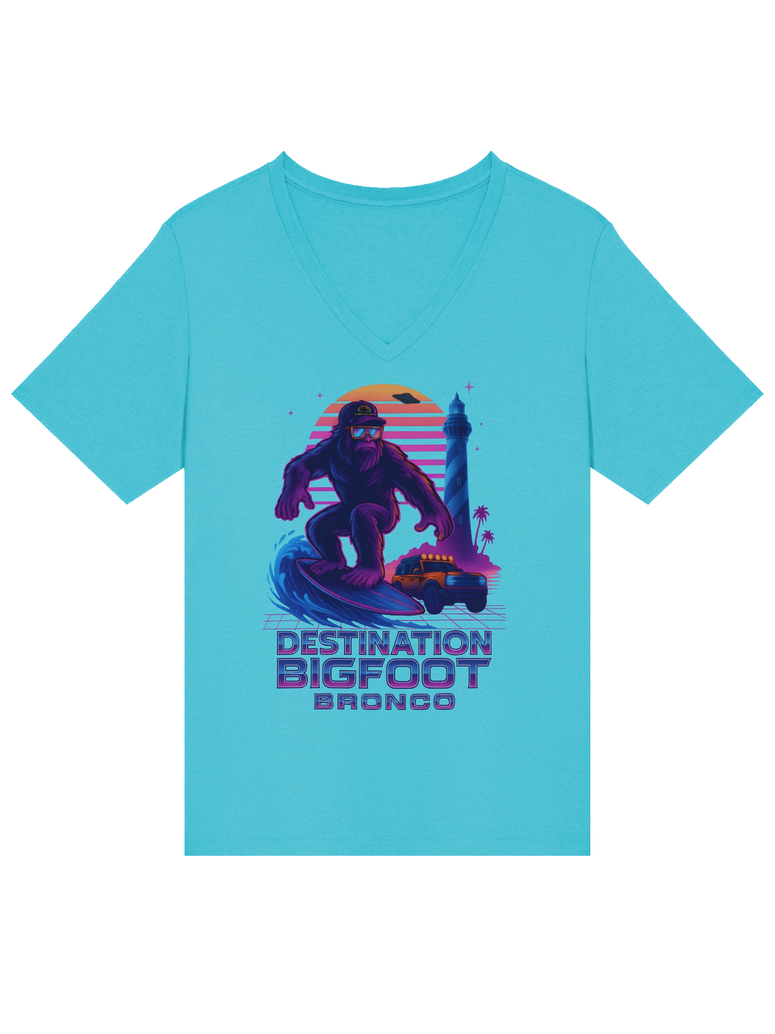 Destination Bigfoot Bronco Synthwave Bella+Canvas Women's Relaxed V-Neck T-Shirt (Multiple Colors Available) product image (69)