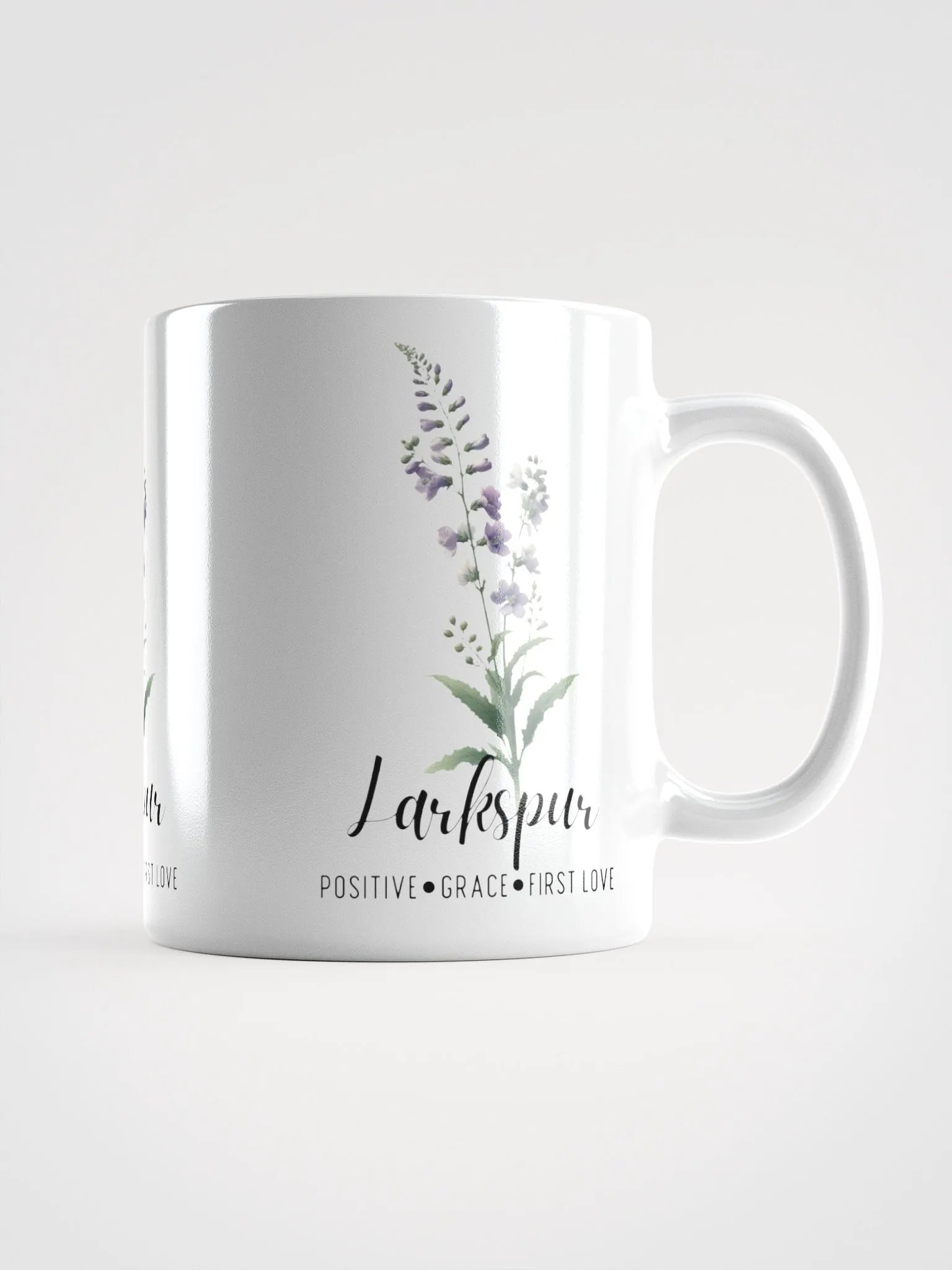 Larkspur Ceramic White Mug: Positive, Grace, First Love, July Birth Month Flower product image (3)