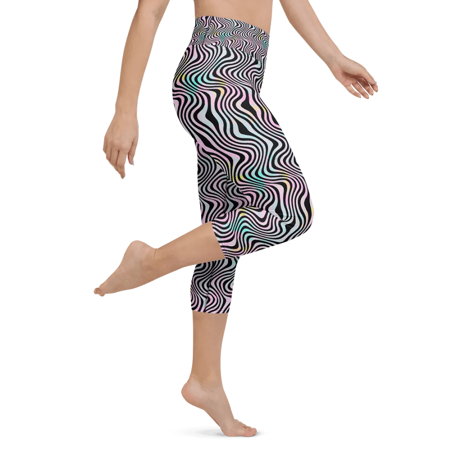 Yoga capri  leggings blue watercolour leafy design on black background product image (2)