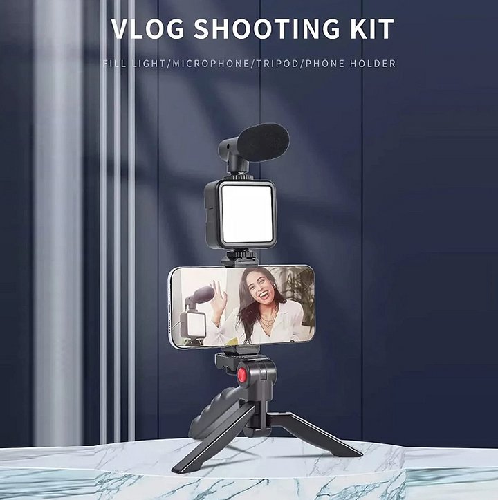 Vlogging Kit For Video Making With Mic Mini Tripod Stand, LED Light & Phone Holder Clip For Making Videos product image (2)