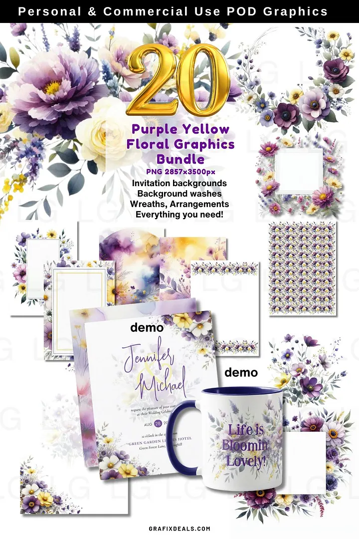 Purple Yellow Floral Graphics Bundle Commercial POD Use Clipart. 50% off for VIP50 Members! product image (1)
