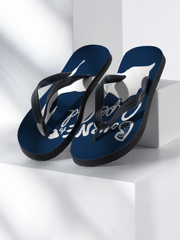BOURNE to Flip Flop™ | Cape Cod Vibes for Your Soles | Logo Spread Sandals | White Logo on Navy product image (1)