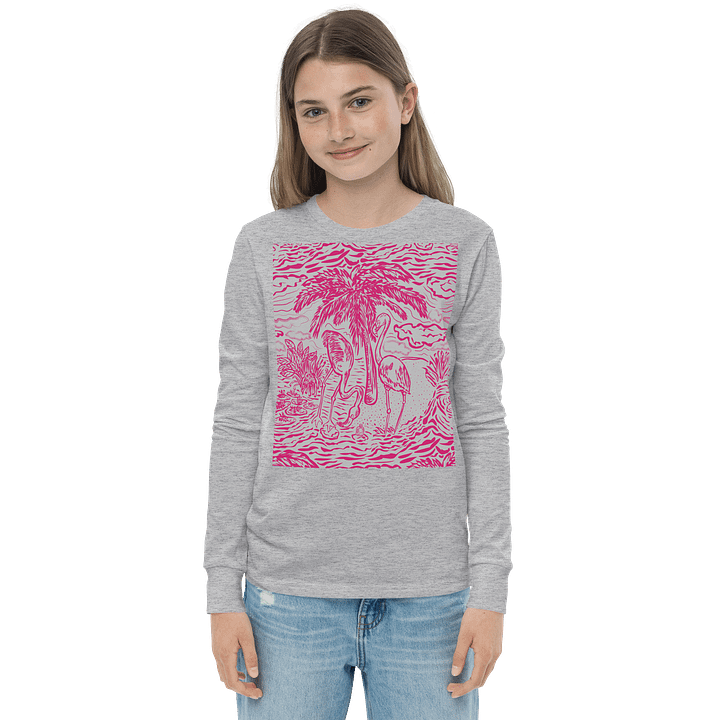 Girls’ | Youth Long Sleeve Tee | DTG Vintage Print | Pink on Grey Flamingo Fancy Toile Design | Monique Faella Designs™ | Tropical Whimsy with Coastal Charm product image (1)