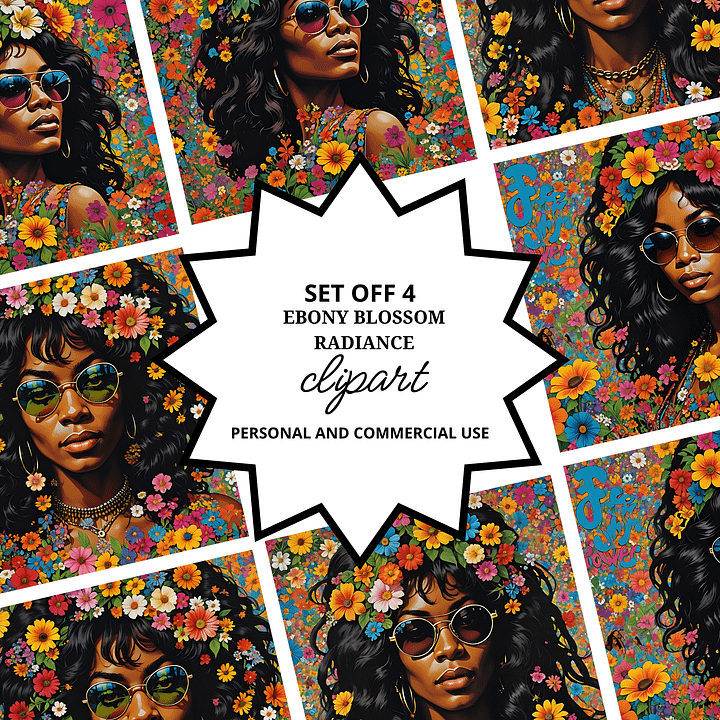 Ebony Blossom Radiance - Vibrant Floral Afro Woman Clipart, Colorful Flower Background, Artistic Digital Illustration for Crafts product image (1)
