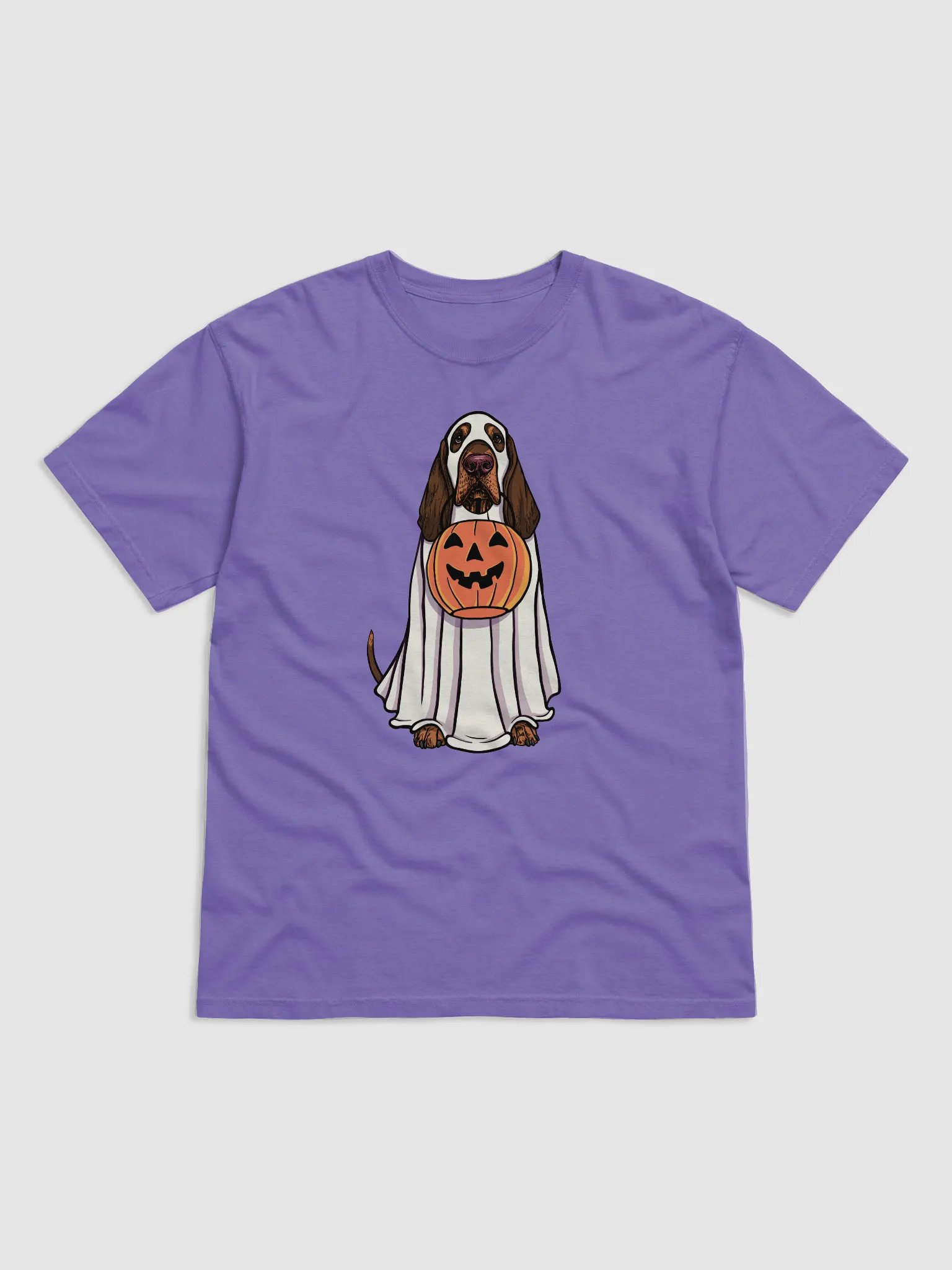 Funny Halloween Bloodhound(Red & Tan) T-Shirt | Funny Bloodhound Wearing a Ghost Costume and Holding a Pumpkin Basket product image (27)