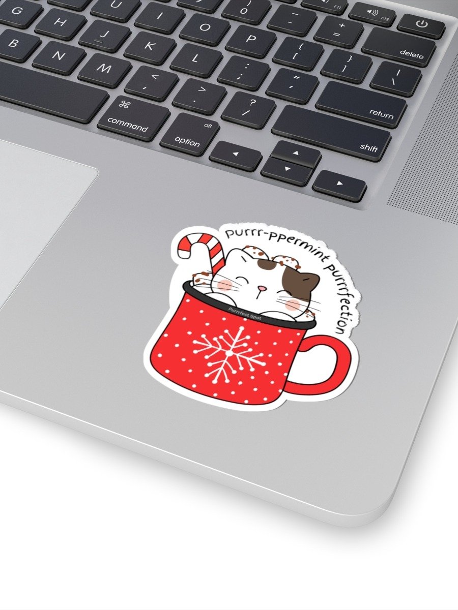 “Purrr-ppermint Purrrfection” Cat Sticker – Cute Christmas Cat in Mug – Die-Cut Matte Vinyl Holiday Sticker product image (1)