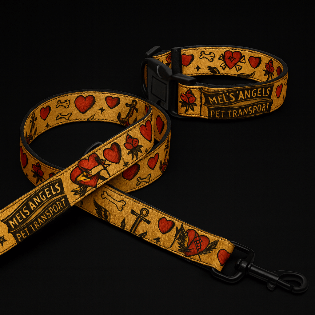Mels Angels Pet Transport Dog Collar & Leash Set – Vintage Tattoo Flash Biker Style, Adjustable & Durable product image (4)