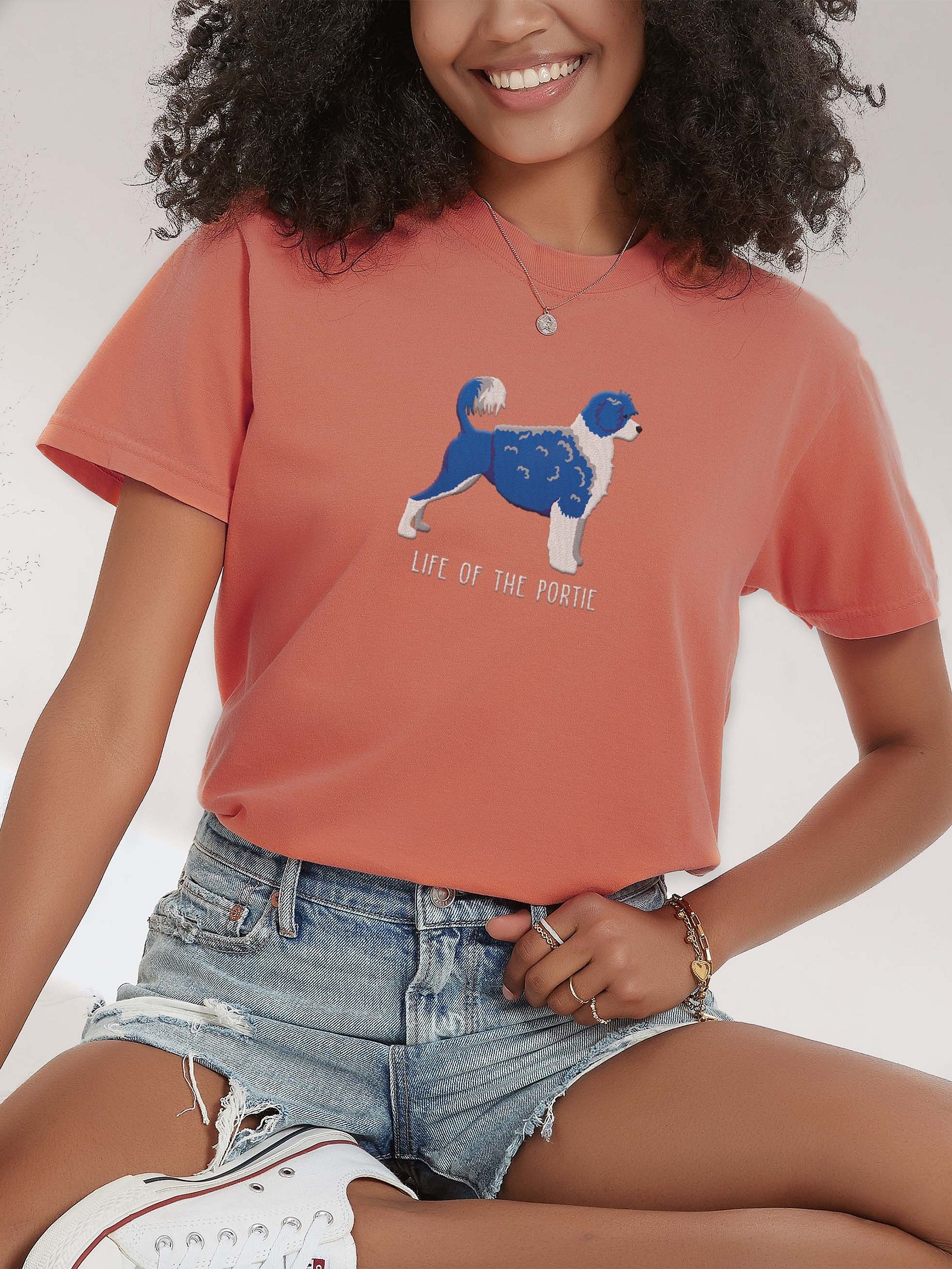 Life of the Portie T-Shirt(Embroidered) of a Portuguese Water Dog(Blue & White) product image (2)