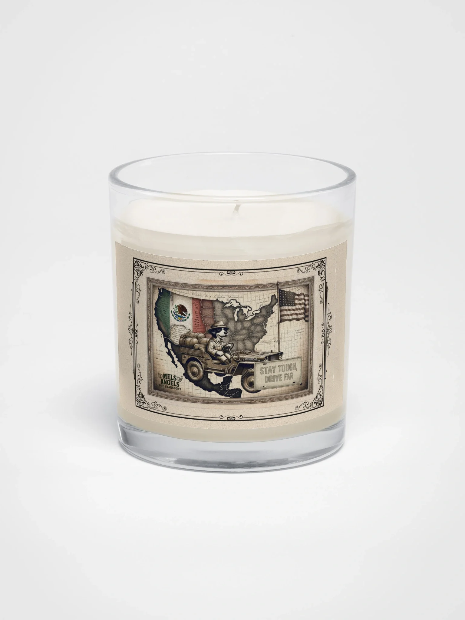 Mels Angels "Stay Tough, Drive Far" Soy Wax Candle – Vintage Map & Dog Design product image (4)
