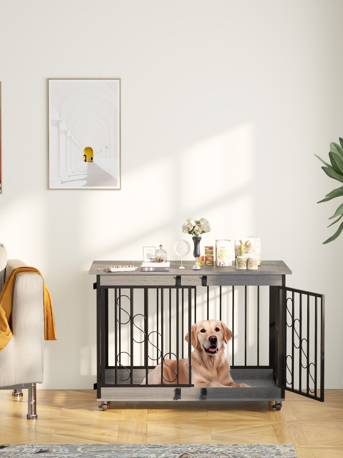 48 Inch Dog Cage Furniture for Extra Large Dog, Double-Doors Heavy Duty Dog Crate with 360° Caster Wheels, Dog Kennel Indoor Decorative Pet House Dog Cage Table, Gray product image (8)