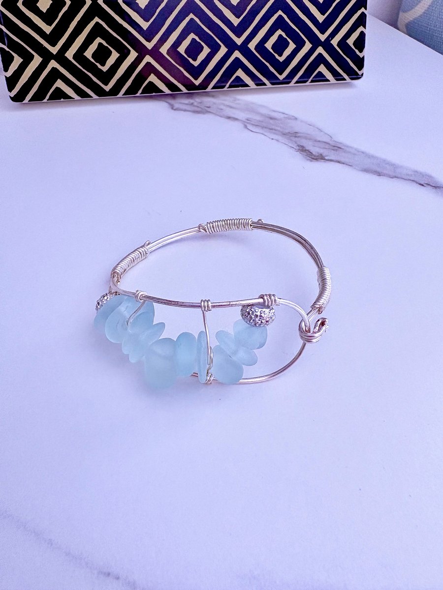 Seafoam Pebble Tide Bracelet | Wire-Wrapped Sea Glass | Handmade 6.75" Coastal Charm by Monique Faella Designs™ | MFD-00198 product image (4)