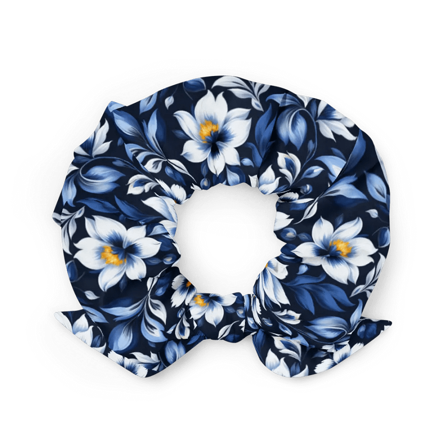 Hair Scrunchie - Floral Pattern in Blue and White on a Dark Blue Background product image (3)