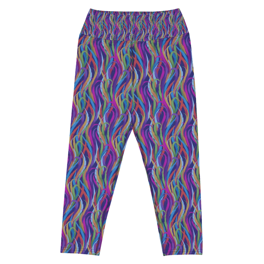 Yoga capri  leggingsmodern blue mauve and turquoise  design on black background product image (4)