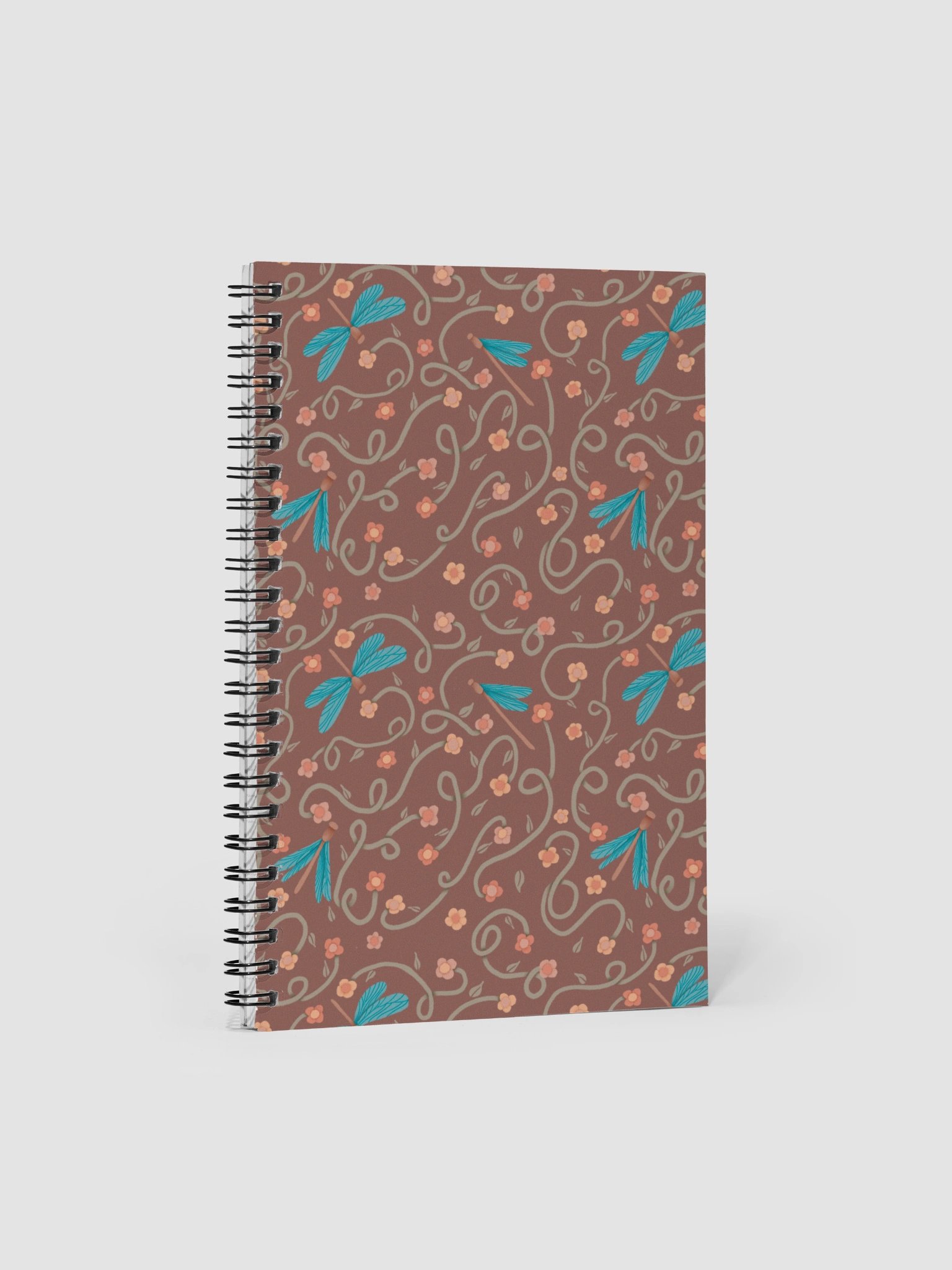 Spiral notebook with dragonfly and floral pattern. Artistic nature inspired design product image (1)