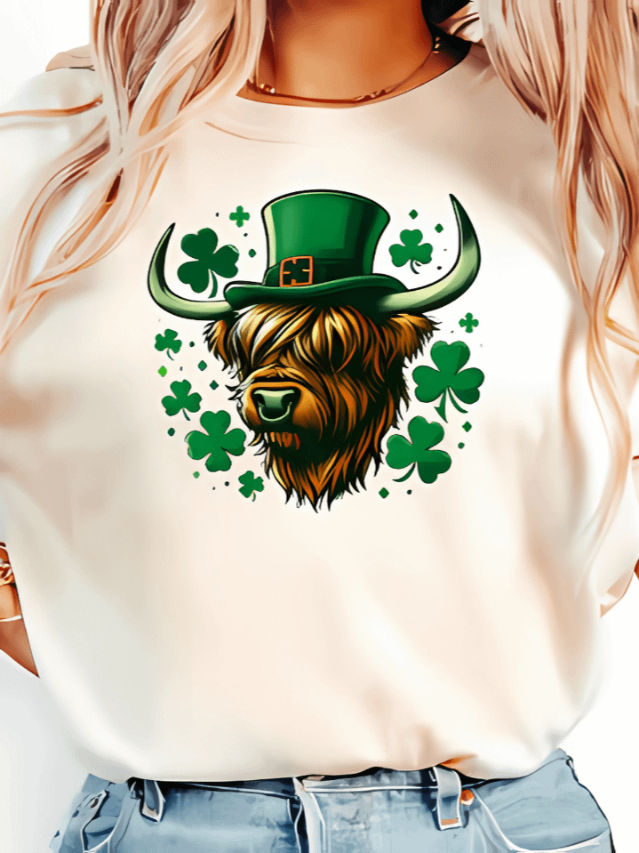 St. Patrick’s Day Highland Cow T-Shirt Sublimation Design – cute cow with shamrocks, 300 DPI PNG, instant digital download product image (1)