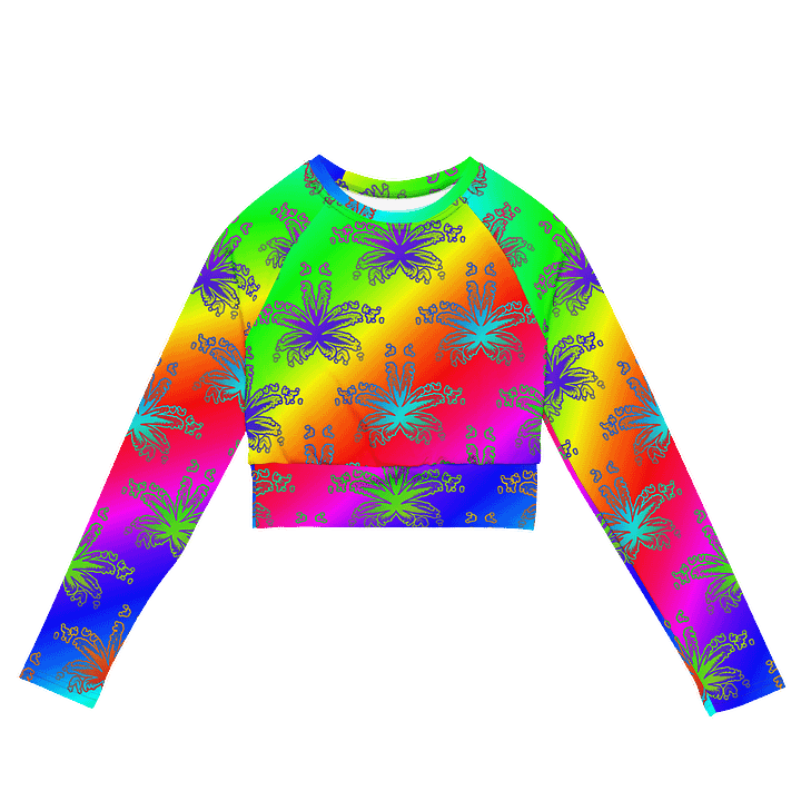 Reefer Rainbow Rave Recycled Long-Sleeve Crop Top, 420 Festival Fashion, Summer Stoner Shirt, Cannabis Queer Pride LGBTQIA+ Art Clothing product image (2)