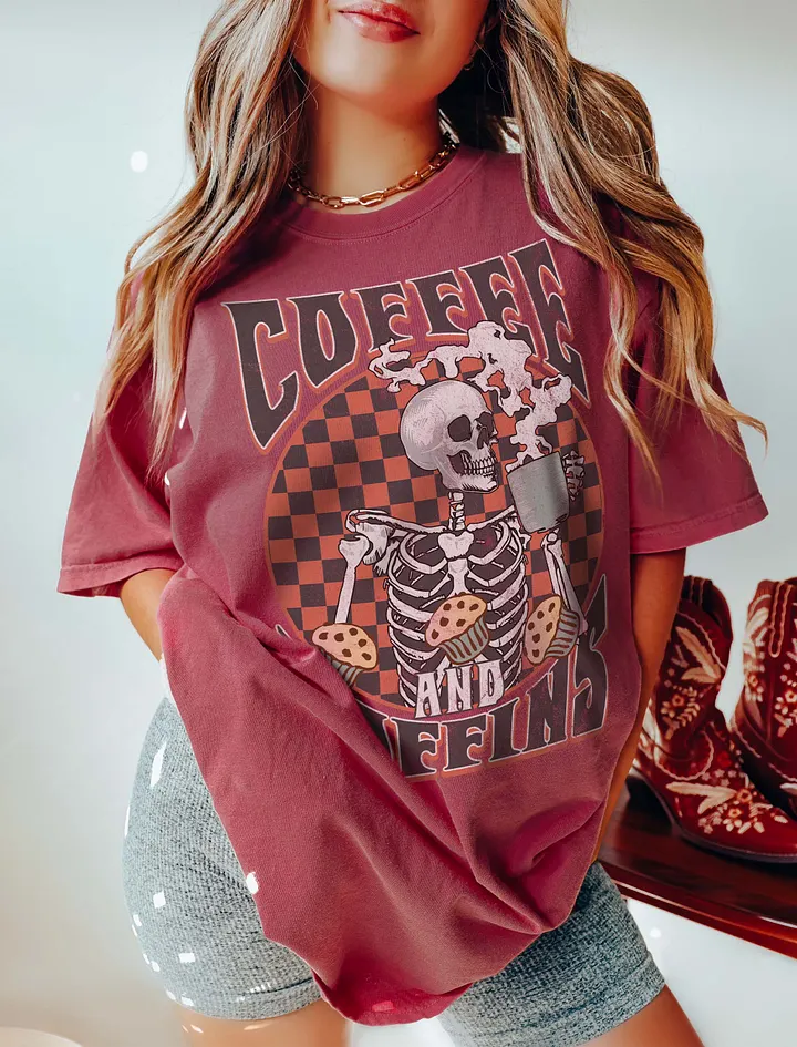 Coffee and Coffins Skeleton Drinking Coffee T-Shirt | Funny Fall and Halloween Skeleton Design for Coffee Lovers product image (5)