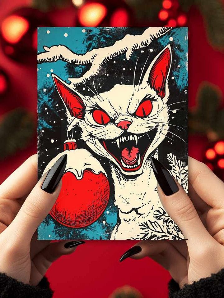 Retro Evil White Cat Christmas Cards Pack of 10 • 5×7 product image (1)