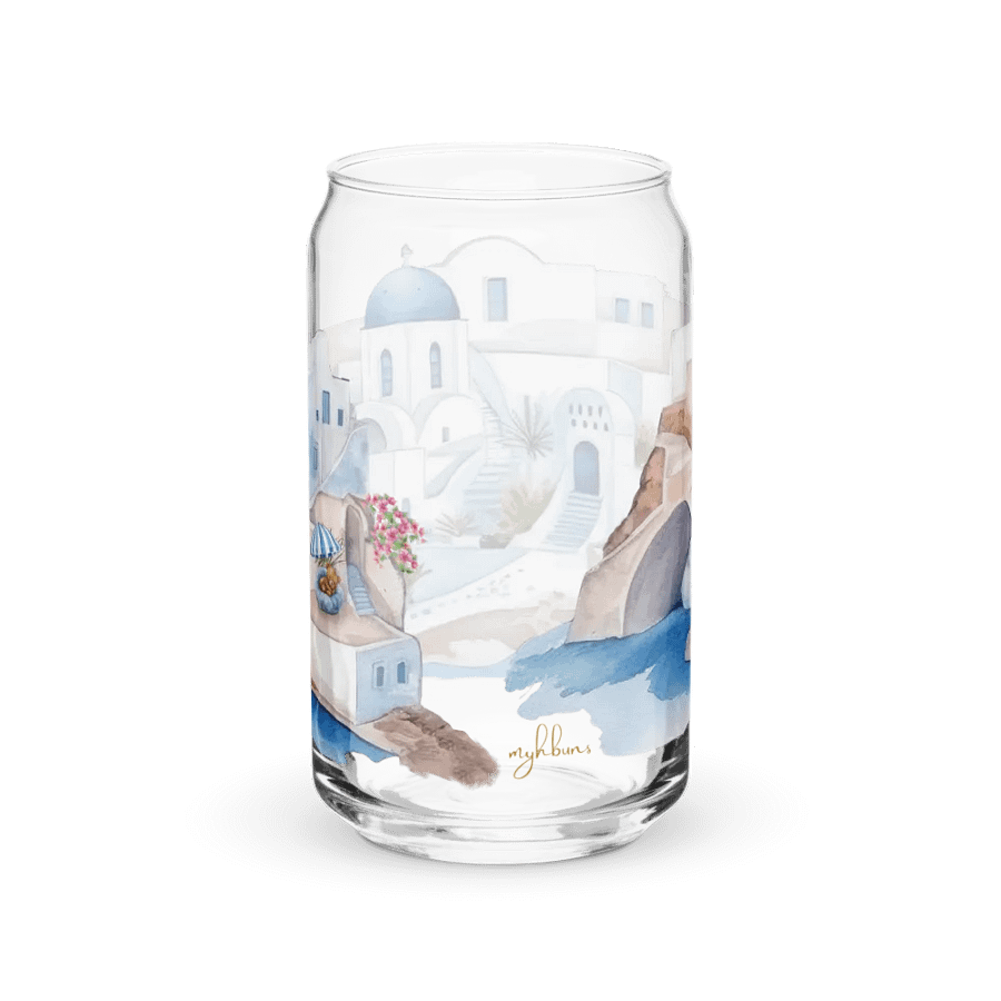 Santorini Dreaming Glass Can Tumbler | 16oz | Greek-Inspired Beverage Glass with Bamboo Lid & Straw product image (8)