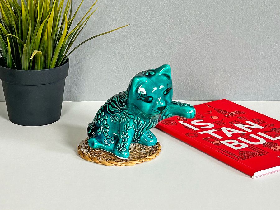 Ceramic turquoise cat — handmade pottery, handmade ceramic, home decor, handmade gift, Turkish ceramic product image (4)