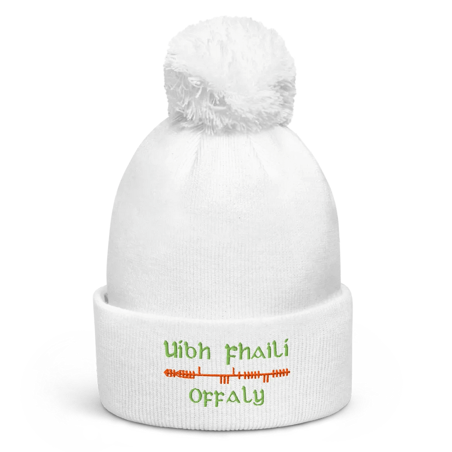 Offaly/Uíbh Fhailí Orthodox style Ogham, white with green and orange, embroidered Pom-Pom Beanie product image (1)