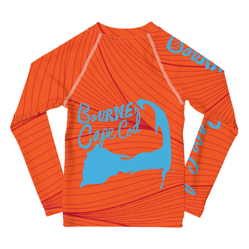 Boys' | Kids Rash Guard | BRN.2C.C.™ Front Print | BOURNE to Cape Cod™ Back & Sleeve Logo | Coastal UV Shirt for Active Kids | Slim Fit Swim Top | Blue Logo on Red and Orange product image (2)