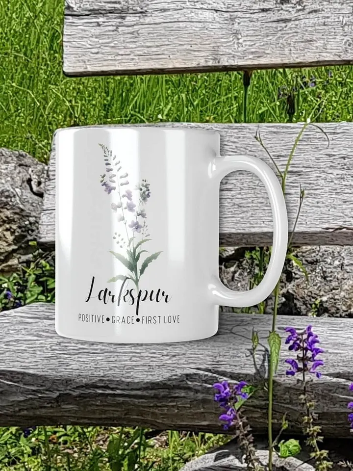 Larkspur Ceramic White Mug: Positive, Grace, First Love, July Birth Month Flower product image (1)