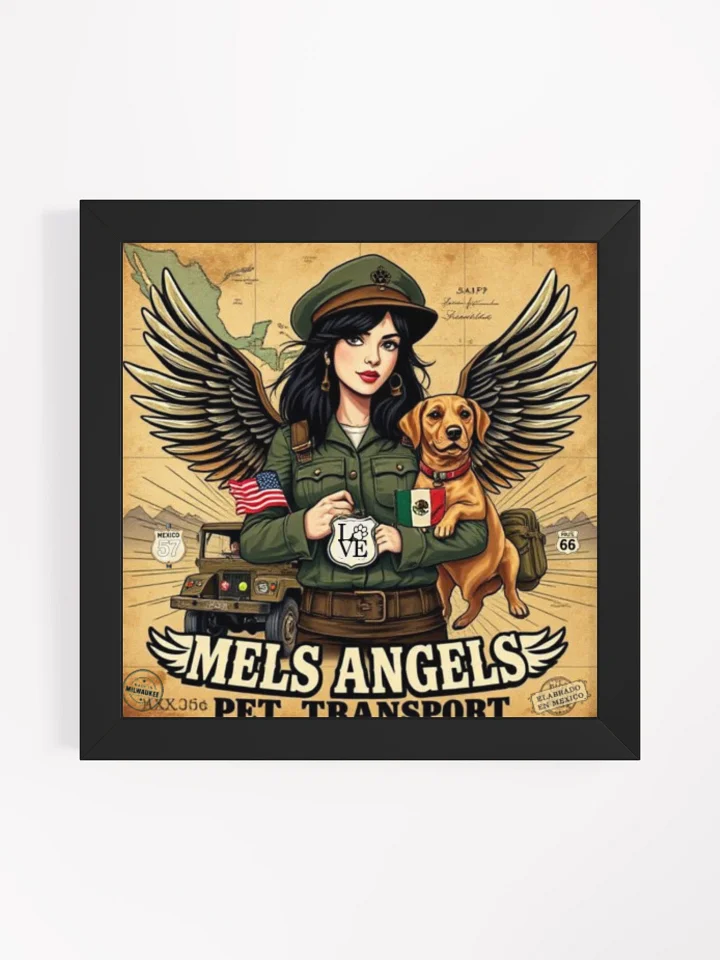 Mel’s Angels Vintage Pet Transport Framed Poster – Winged Rebel Dog Art, Route 66 Military Pin-Up Print product image (2)