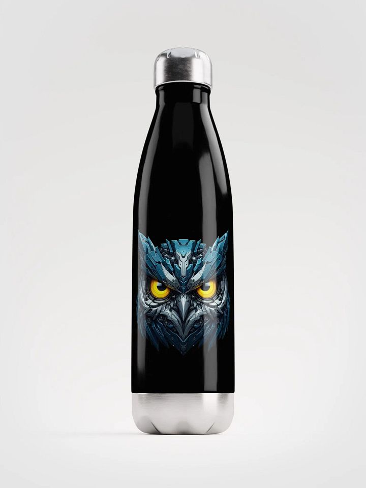 Black Stainless Steel Water Bottle with Blue Iron Owl Robot Design product image (1)