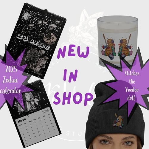 New in shop!

2025 zodiac calendar 
Stitches the Voodoo Doll 
- embroidered beanie
- soy wax candle
- throw fleece blanket

O...