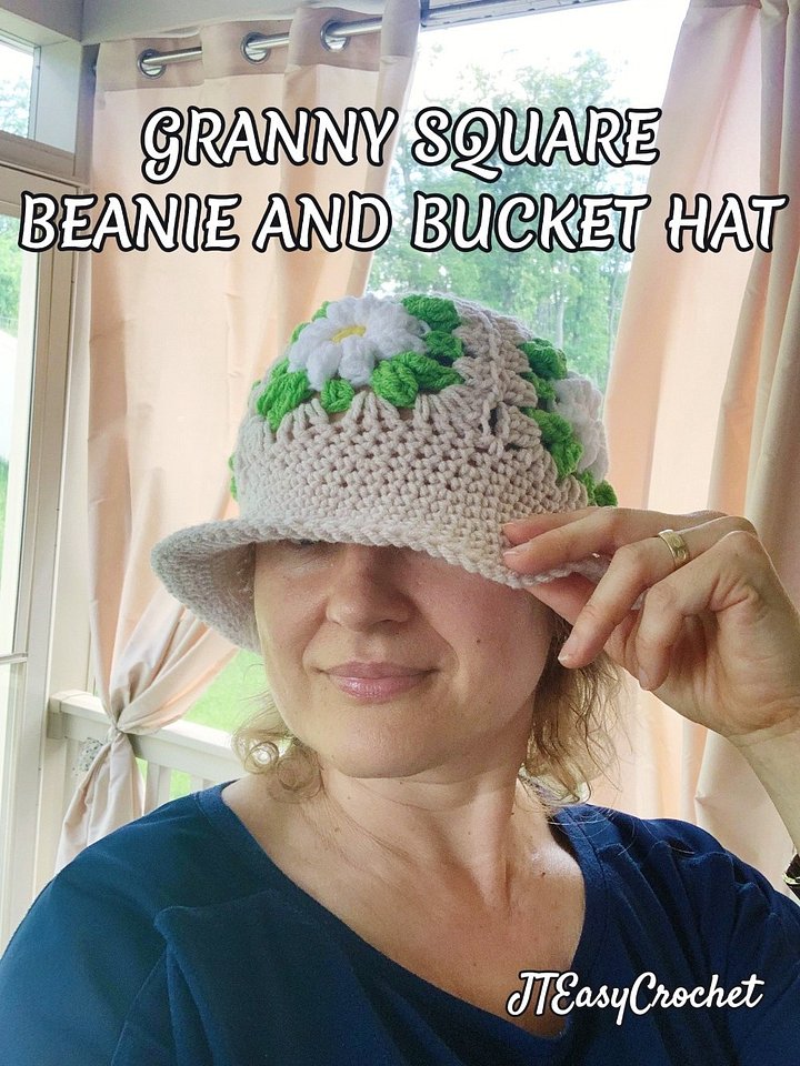 Granny Square Hat Crochet Pattern and VIDEO Sun Hat Beanie Bucket Hat With Brim product image (1)