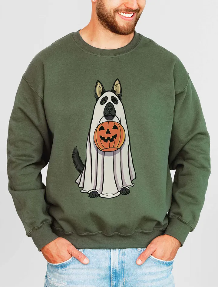 Funny Halloween German Shepherd(Black) Sweatshirt | Funny GSD Wearing a Ghost Costume and Holding a Pumpkin Basket product image (11)