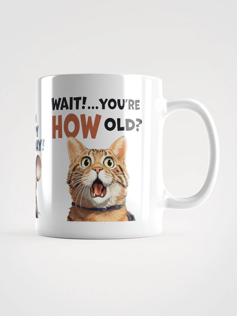 "You're HOW old?" Shocked dog, mouse and cat. White glossy mug product image (5)