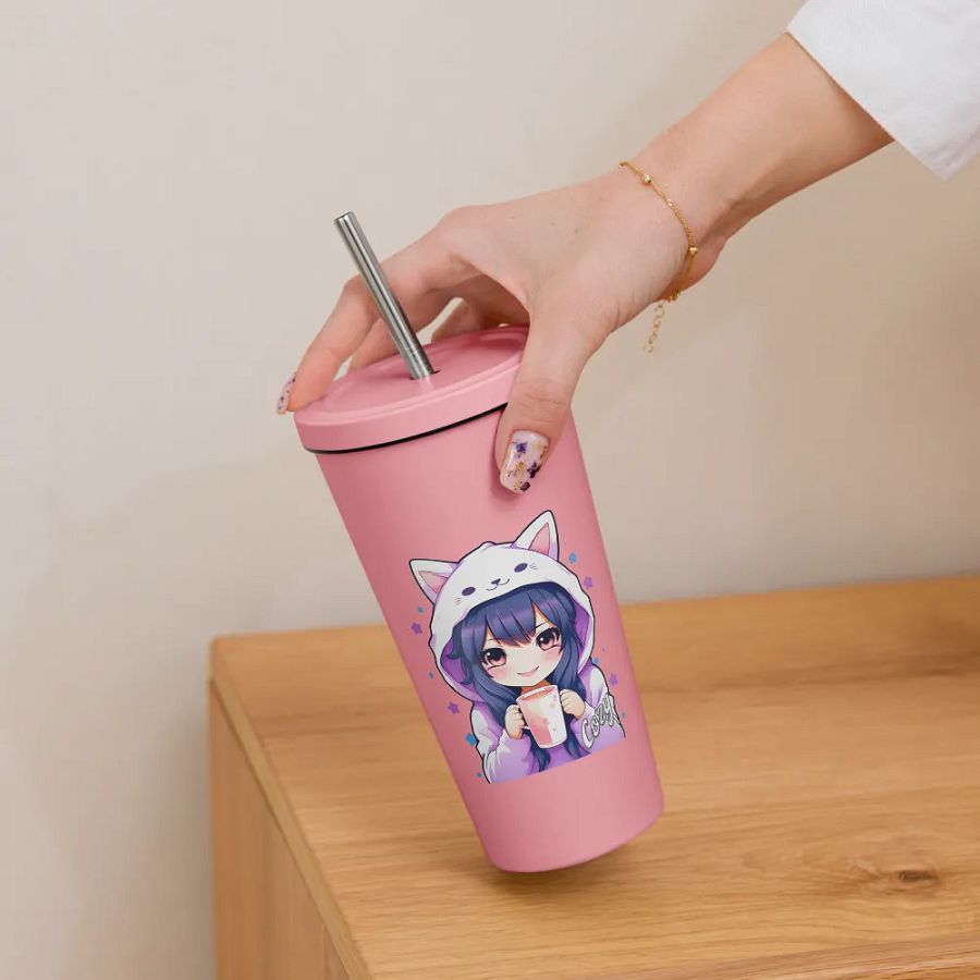 Cozy Kawaii Anime Girl 20 oz Tumbler Cup - Pink - Insulated Tumbler with a Straw product image (6)