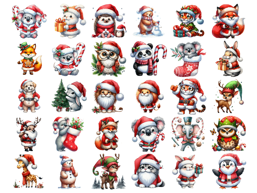 Watercolor Animals in Christmas Santa Claus Costumes PNG, Cute  Christmas Clipart, PNG Download, Christmas PNG Bundle product image (2)