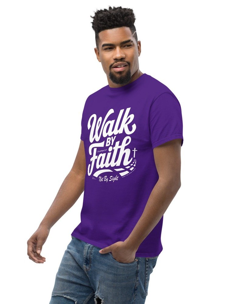 Walk By Faith, Heavyweight Unisex Crewneck T-shirt | Gildan® 5000, 2 Corinthians 5:7, KJV, Bible Verse, Scripture Shirt, White print on Dark Shirts product image (10)