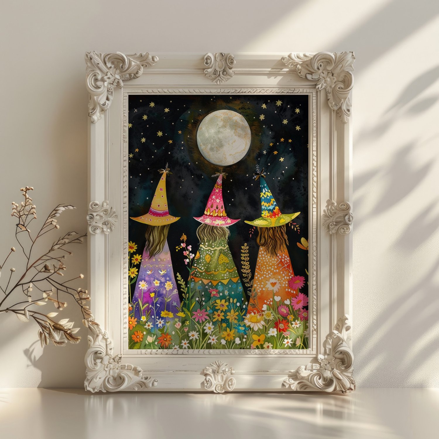 Whimsical Witches Under The Fullmoon Colorful Art Print product image (32)