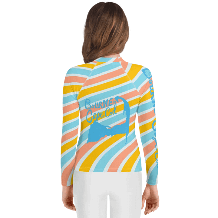 Girls' | YOUTH | Rash Guard | BRN.2C.C.™ Front Graphic | BOURNE to Cape Cod™ Sleeve & Back Logo | Coastal Swim Shirt for Kids | UV Protection Activewear | Blue Logo on Bright Stripes product image (2)