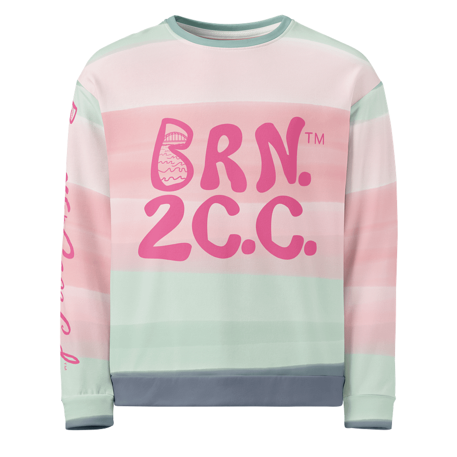 Unisex | BOURNE to Cape Cod™ Sweatshirt | Pink Logos on Horizon Stripes | BRN.2C.C.™ | Eco-Friendly Comfort product image (1)