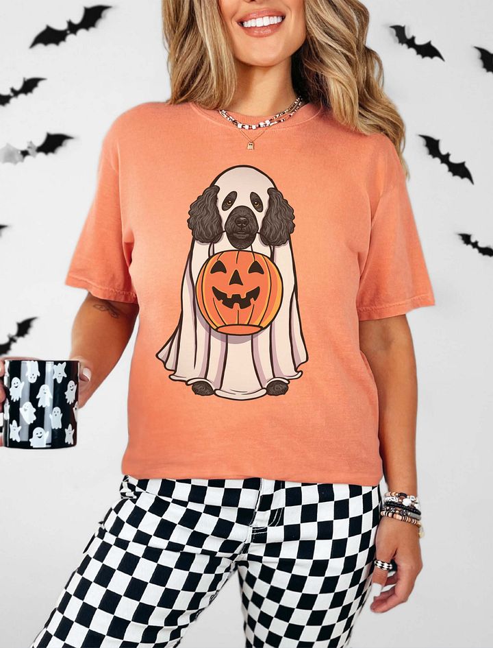 Funny Halloween Mini Poodle(Black) T-Shirt | Funny Poodle Wearing a Ghost Costume and Holding a Pumpkin Basket product image (19)