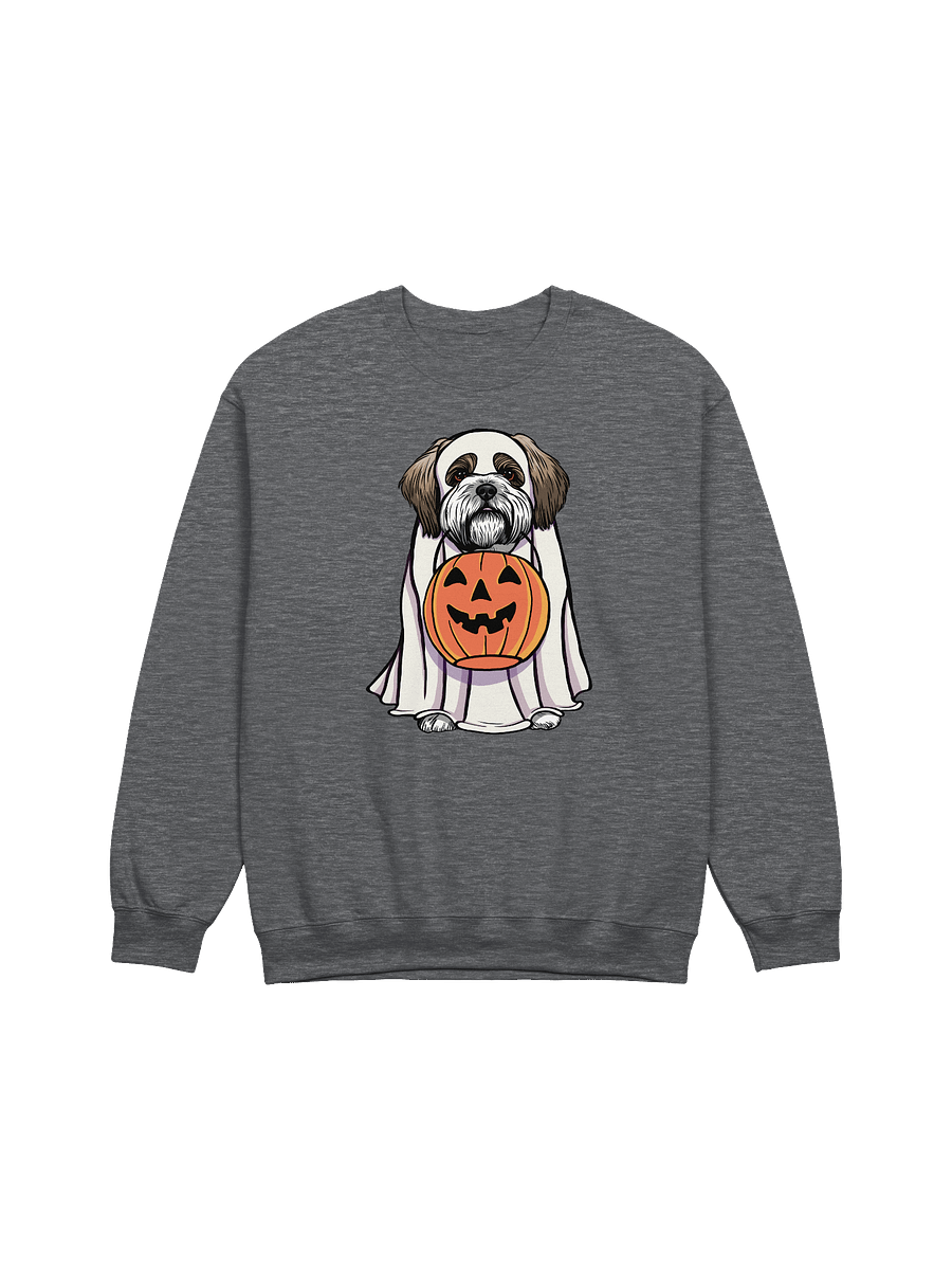 Funny Halloween Shih Tzu Sweatshirt | Funny Dog Wearing a Ghost Costume and Holding a Pumpkin Basket product image (7)
