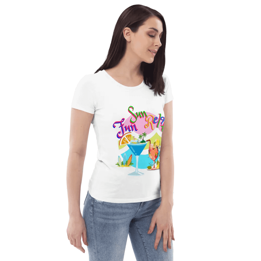 Ladies fitted t shirt 100%organic cotton with “Fun Sun Relax’ . Ideal for the holiday vibe fun party goer product image (6)