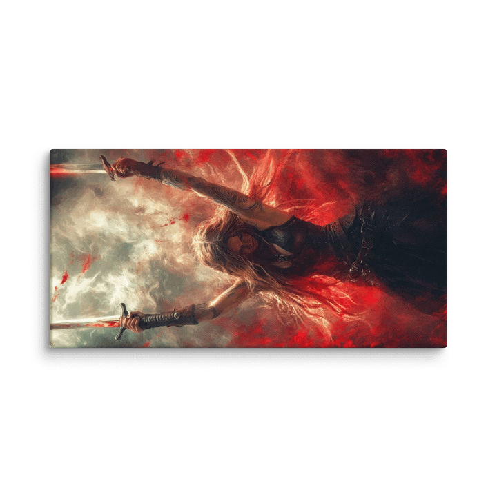 Female warrior raising her 2 swords 01 - Canvas product image (1)