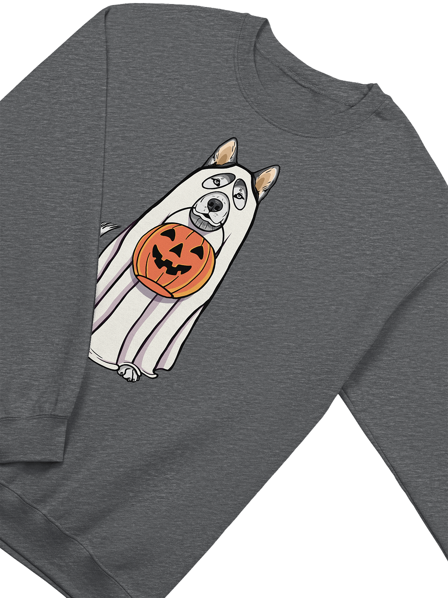 Funny Halloween Siberian Husky Sweatshirt | Funny Husky Wearing a Ghost Costume and Holding a Pumpkin Basket product image (8)
