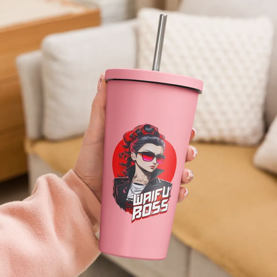 Waifu Boss 20 oz Tumbler Cup - Pink - Insulated Tumbler with a Straw v2 product image (3)