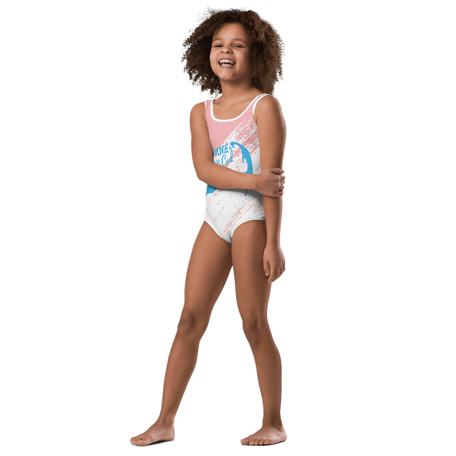 Girls' | One-Piece Swimsuit | BOURNE to Cape Cod™ | Front Logo | Coastal Kids Swimwear | Blue Logo on Pink & White Brushstroke product image (4)